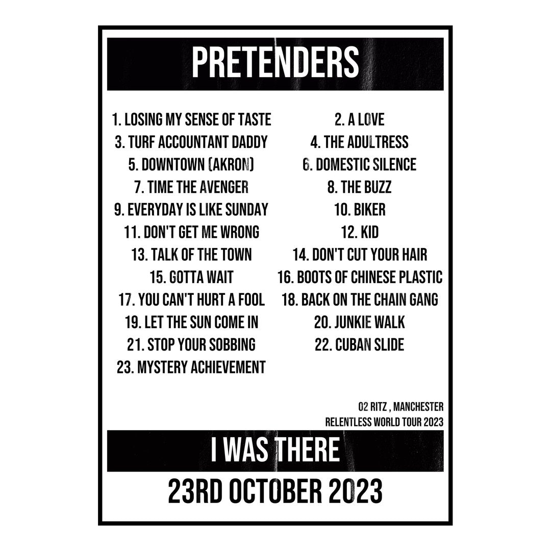 Pretenders Manchester 23rd October 2023 Setlist poster