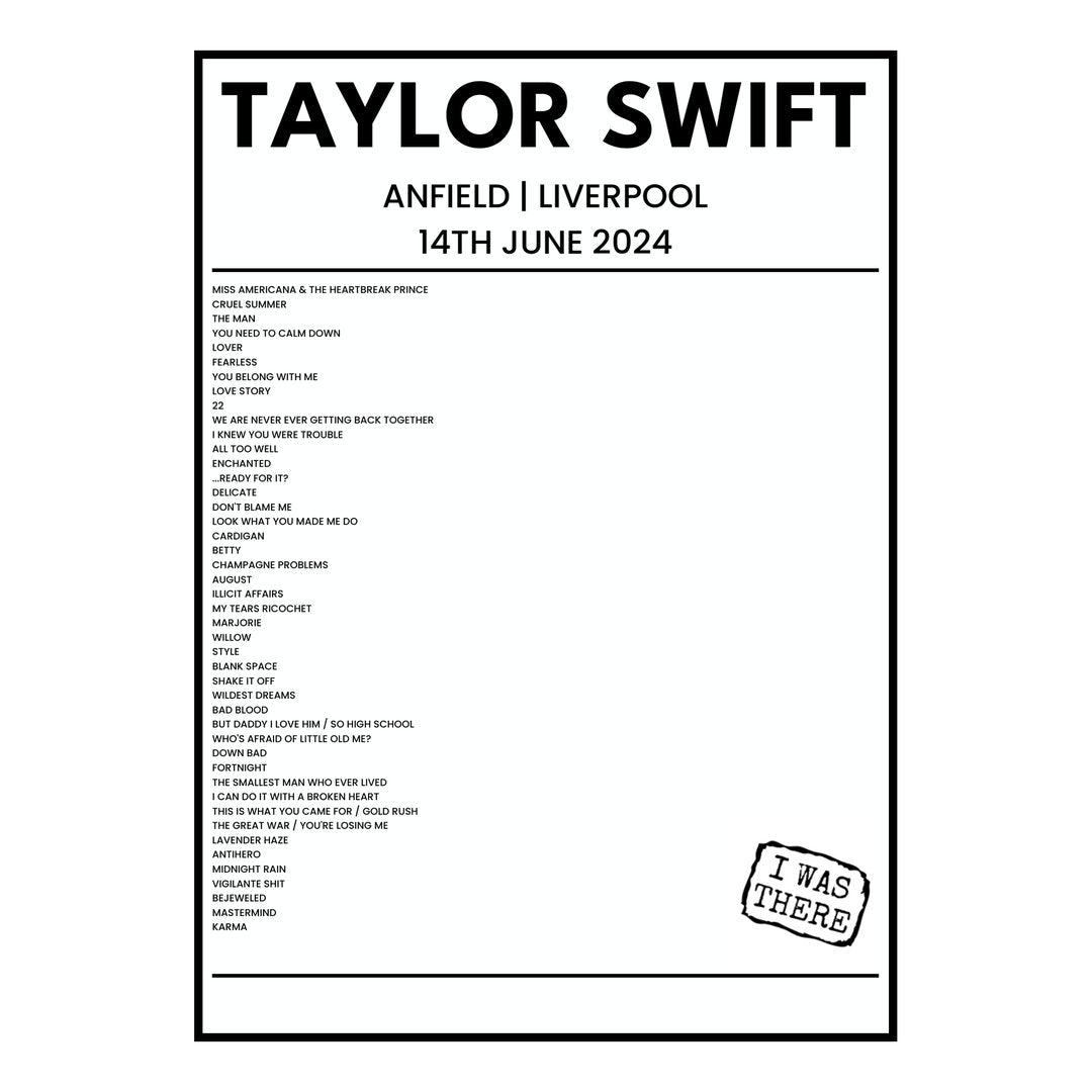 Taylor Swift Liverpool 14th June 2024 Setlist poster