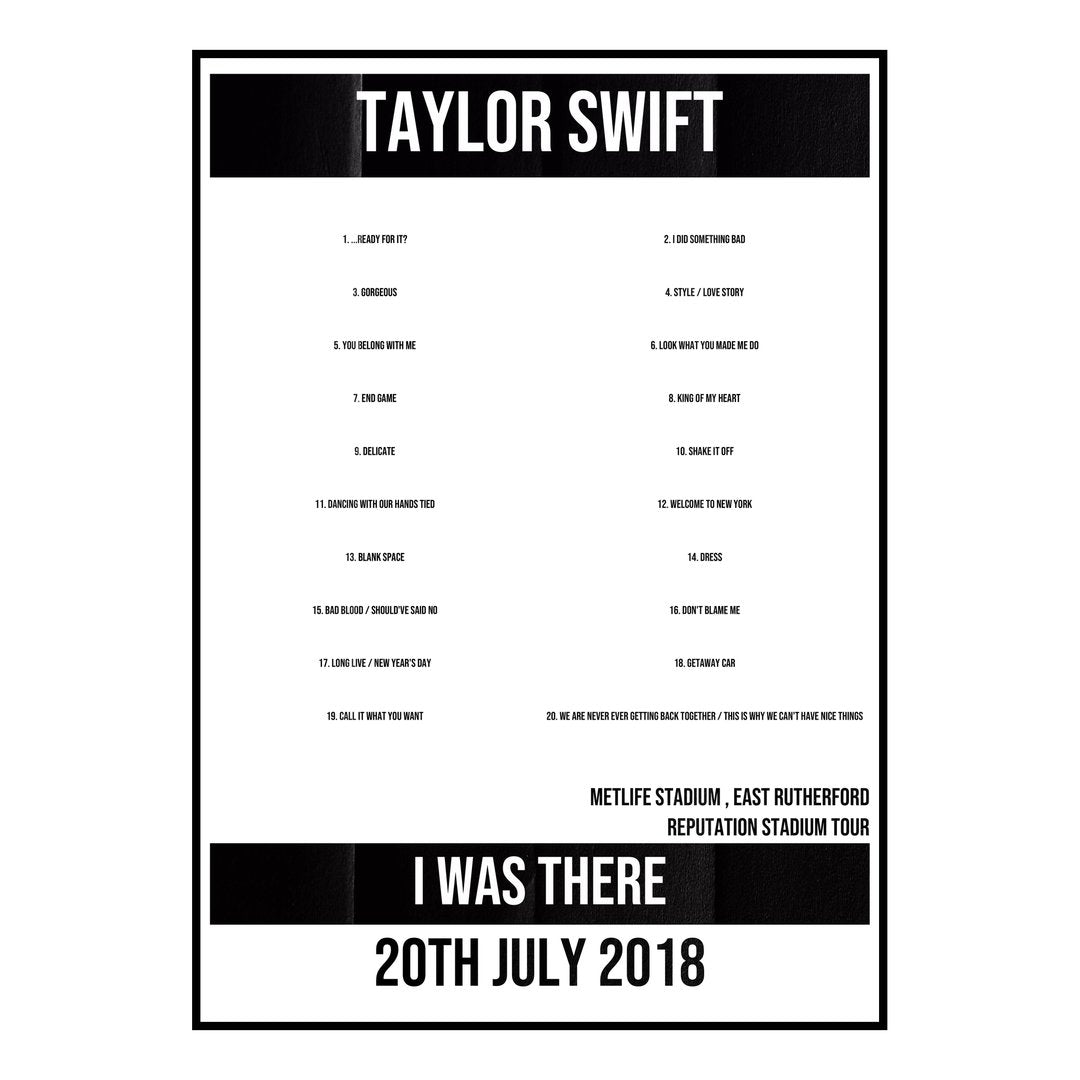 Taylor Swift East Rutherford 20th July 2018 Setlist poster