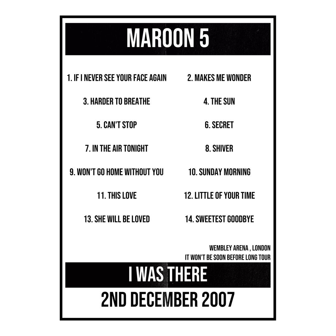 Maroon 5 London 2nd December 2007 Setlist poster