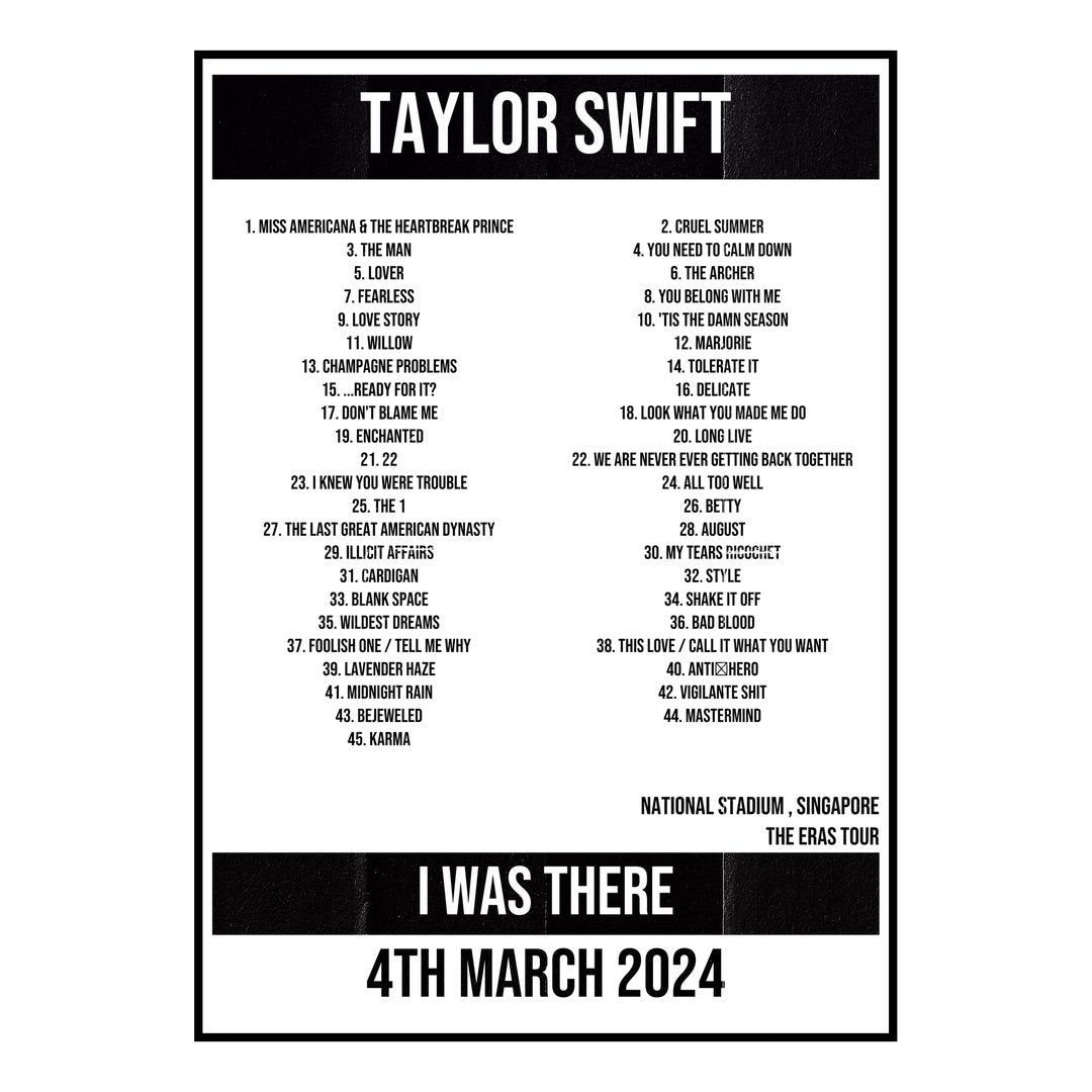 Taylor Swift Singapore 4th March 2024 Setlist poster