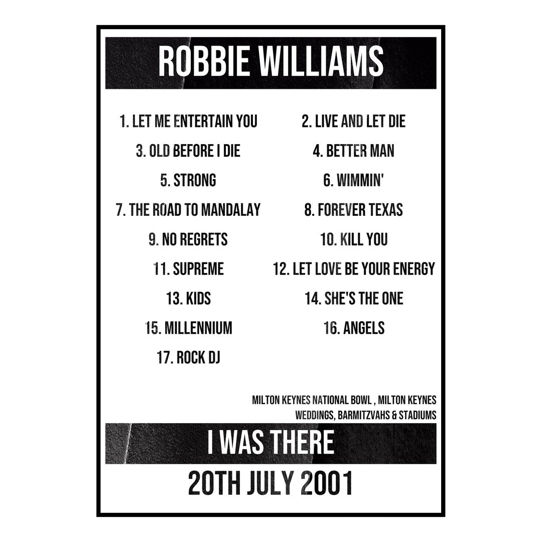 Robbie Williams Milton Keynes 20th July 2001 Setlist poster