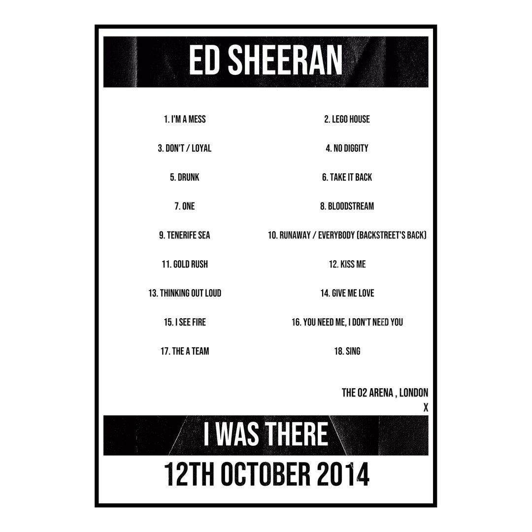 Ed Sheeran London 12th October 2014 Setlist poster