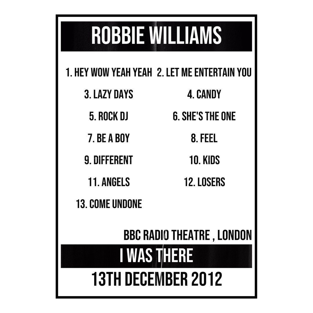 Robbie Williams London 13th December 2012 Setlist poster
