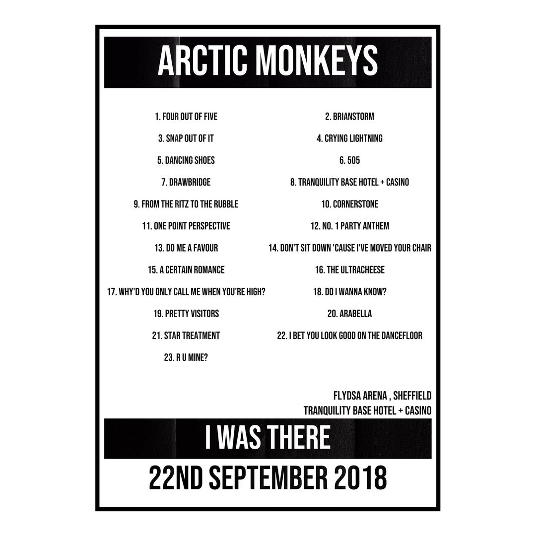 Arctic Monkeys Sheffield 22nd September 2018 Setlist poster