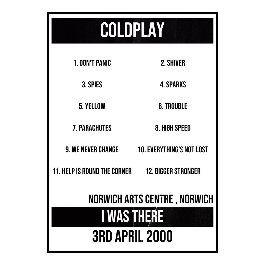 Coldplay Norwich 3rd April 2000 Setlist poster