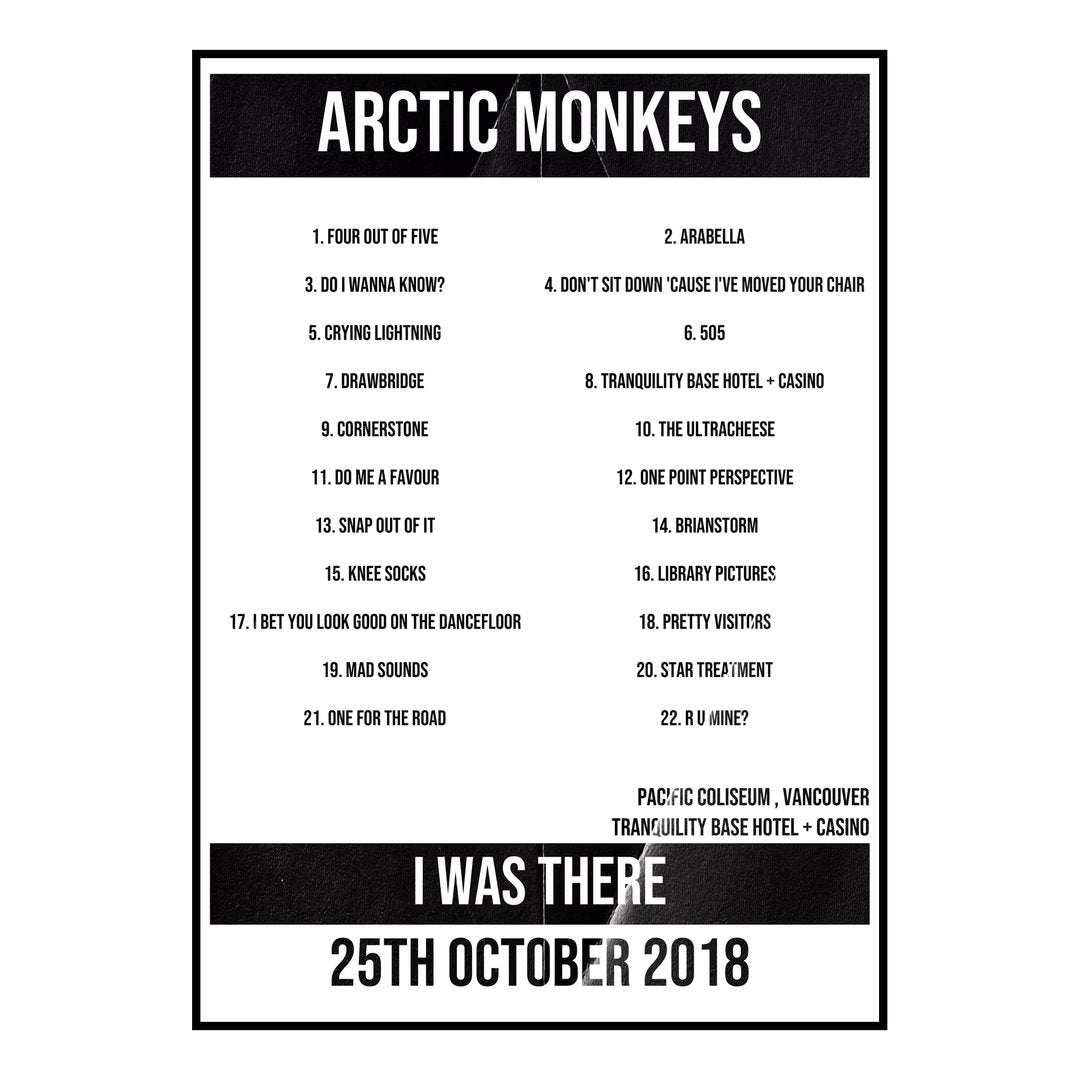 Arctic Monkeys Vancouver 25th October 2018 Setlist poster