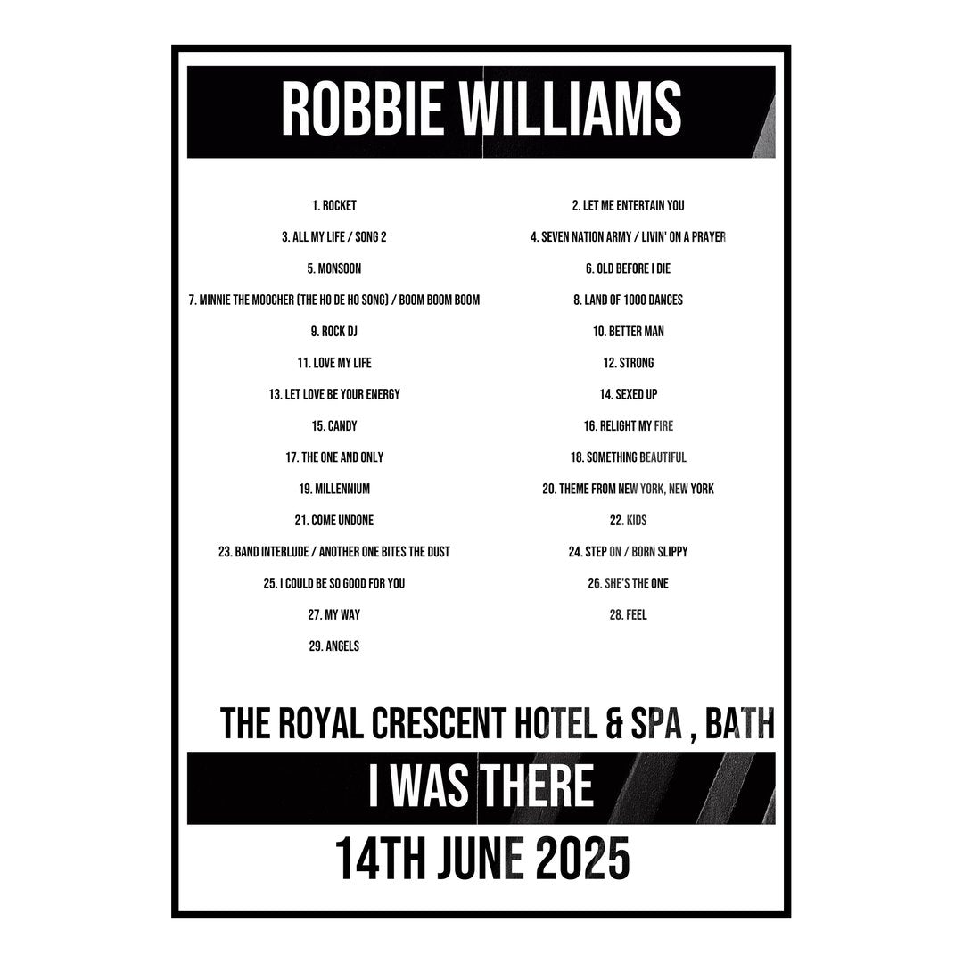 Robbie Williams Bath 14th June 2025 Setlist poster