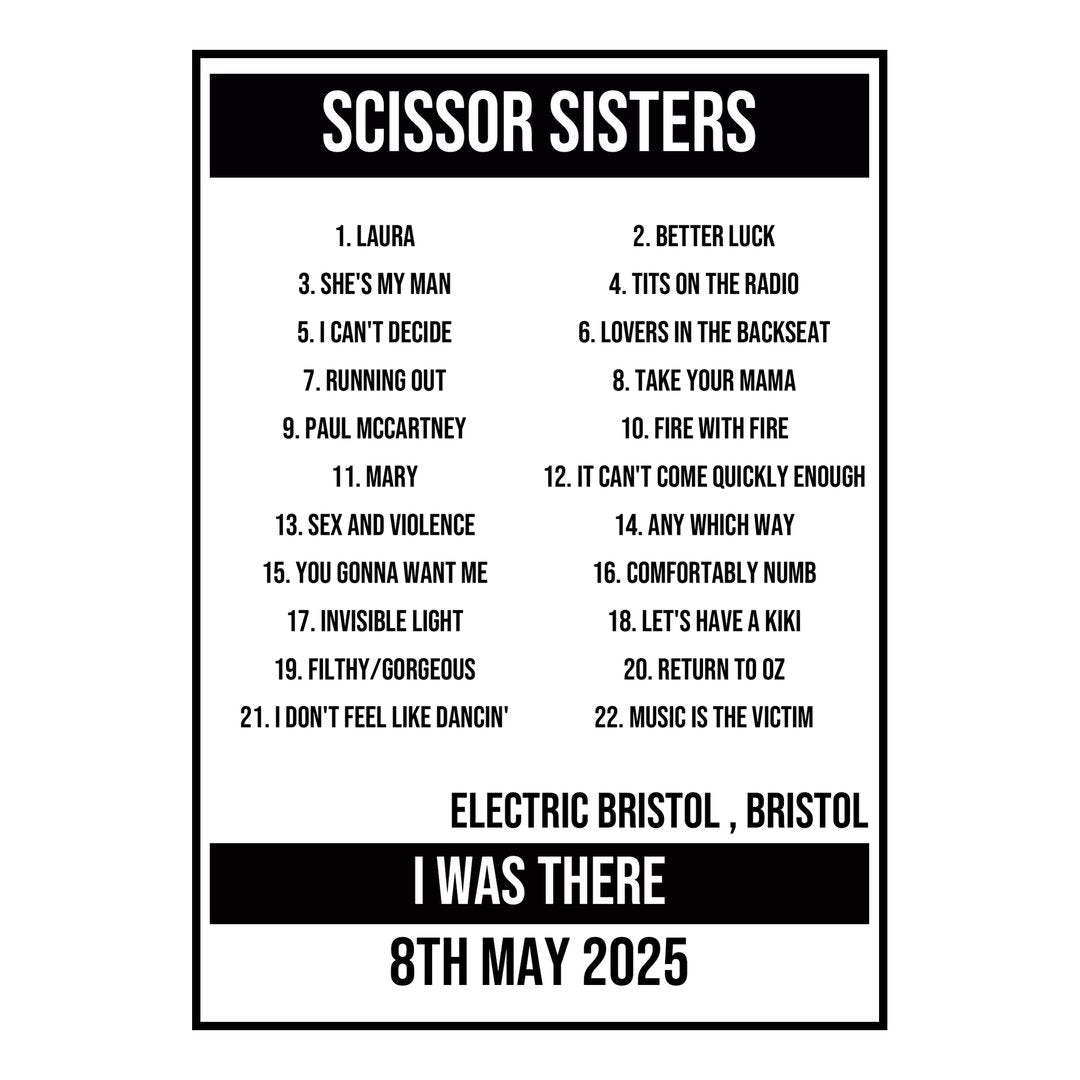 A Setlist Poster Featuring Scissor Sisters Gig from Bristol in 2025