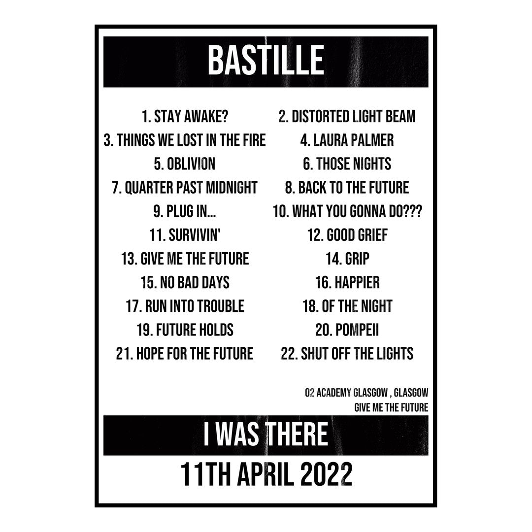 Bastille Glasgow 11th April 2022 Setlist poster