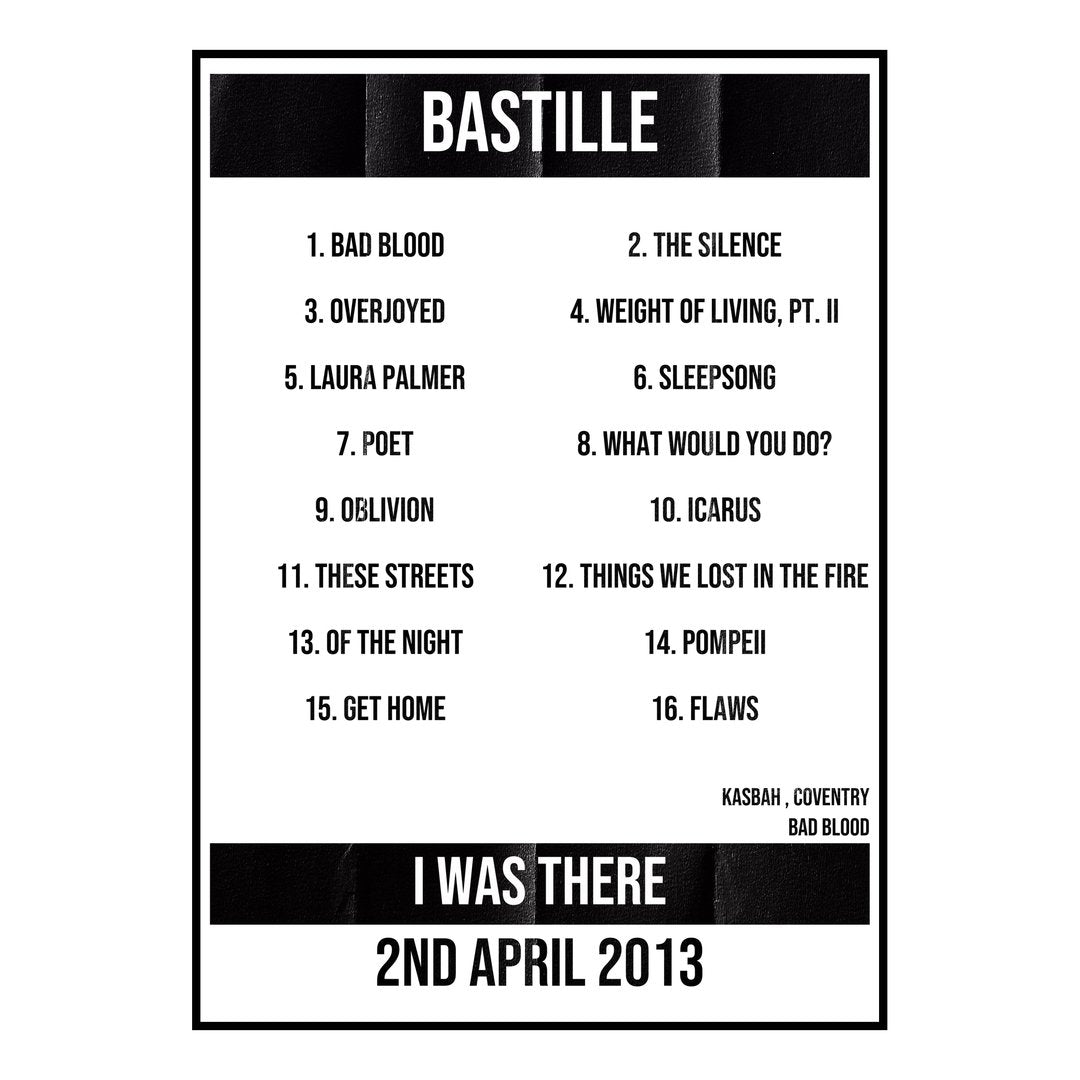 Bastille Coventry 2nd April 2013 Setlist poster