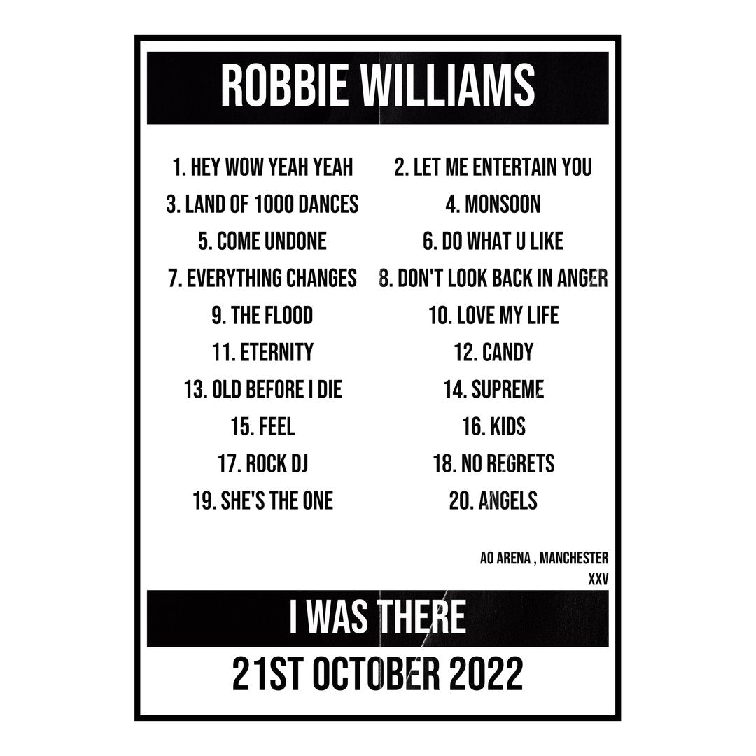 Robbie Williams Manchester 21st October 2022 Setlist poster