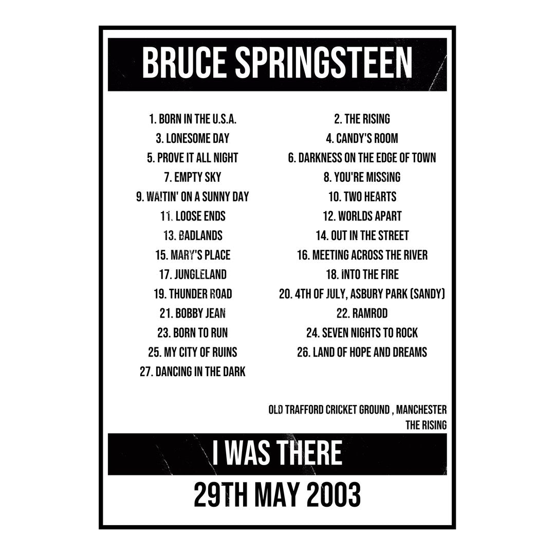 Bruce Springsteen Manchester 29th May 2003 Setlist poster