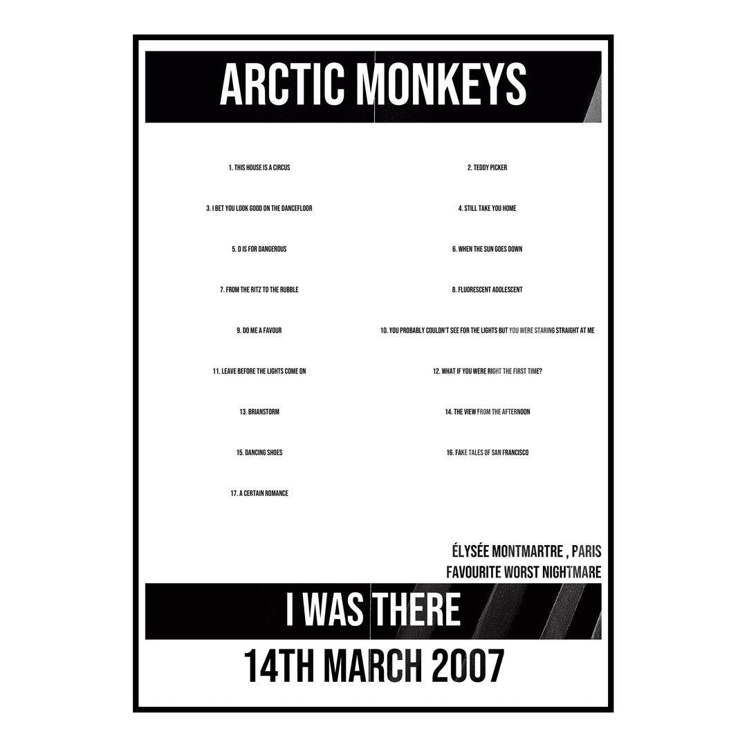 Arctic Monkeys Paris 14th March 2007 Setlist poster