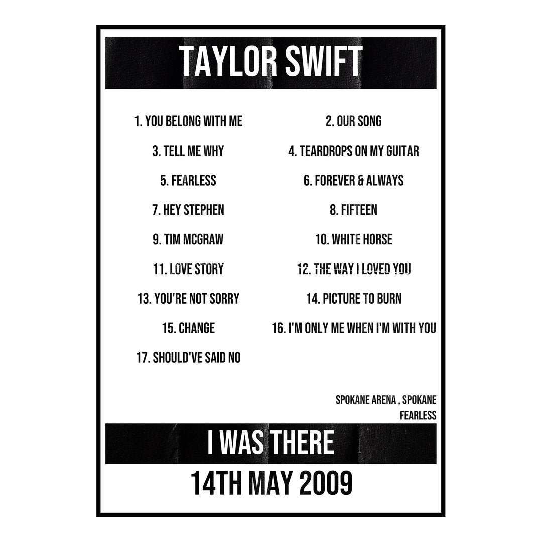 Taylor Swift Spokane 14th May 2009 Setlist poster