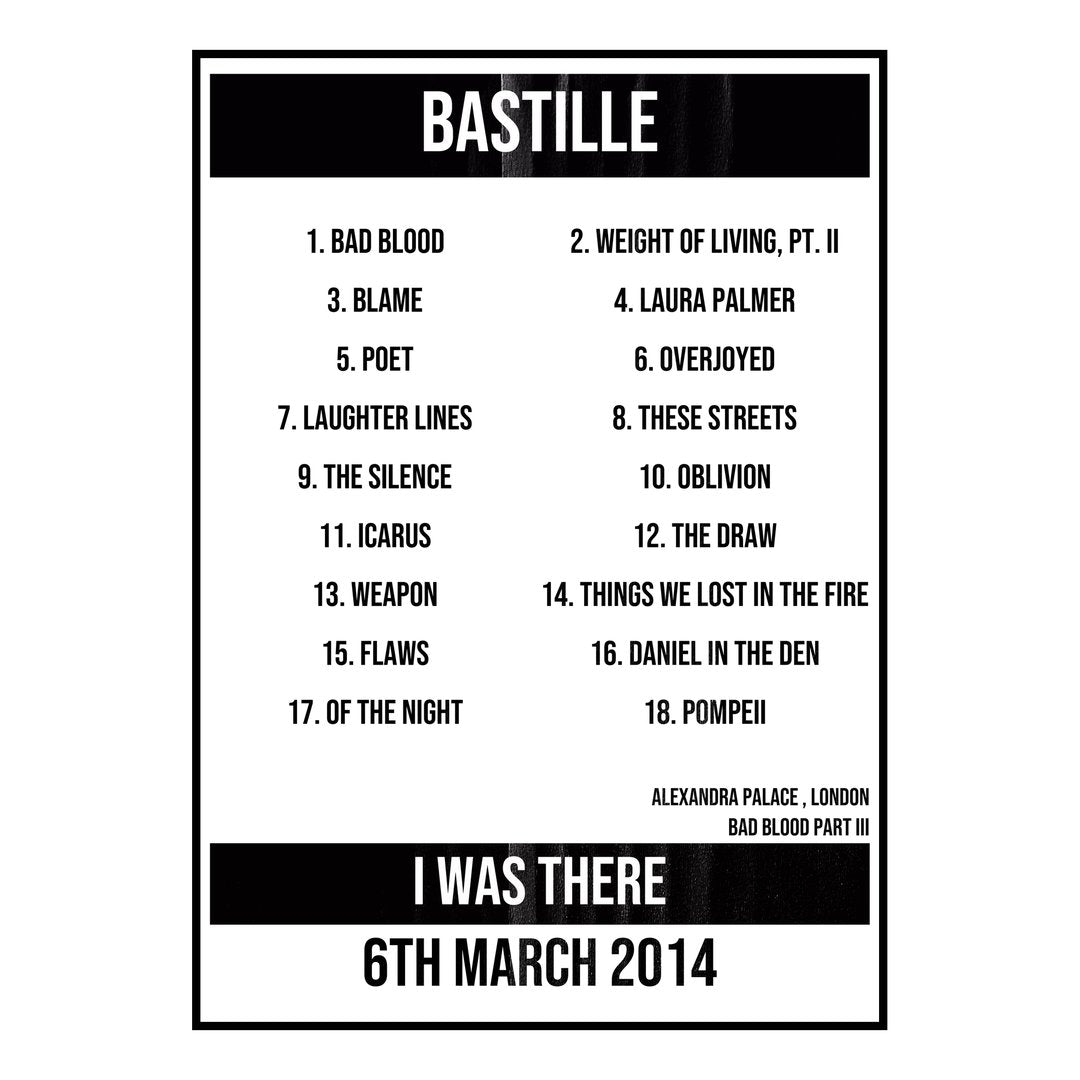 Bastille London 6th March 2014 Setlist poster