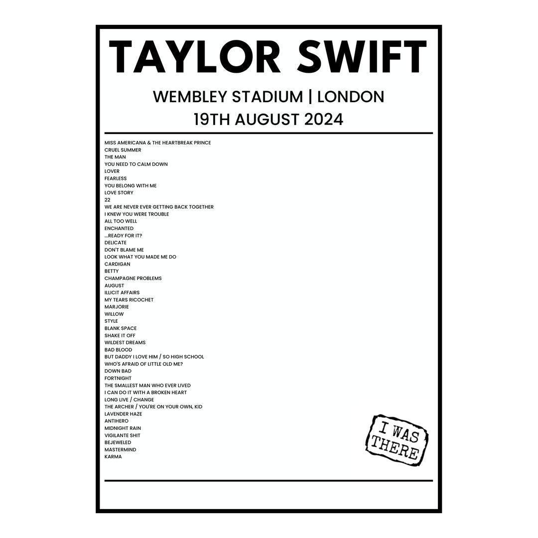 Taylor Swift London 19th August 2024 Setlist poster