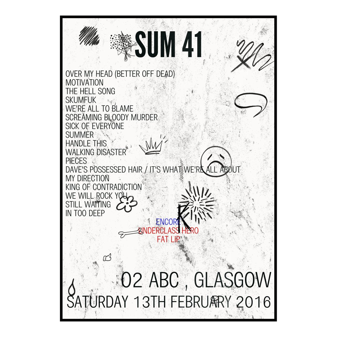Sum 41 Glasgow 13th February 2016 Setlist poster