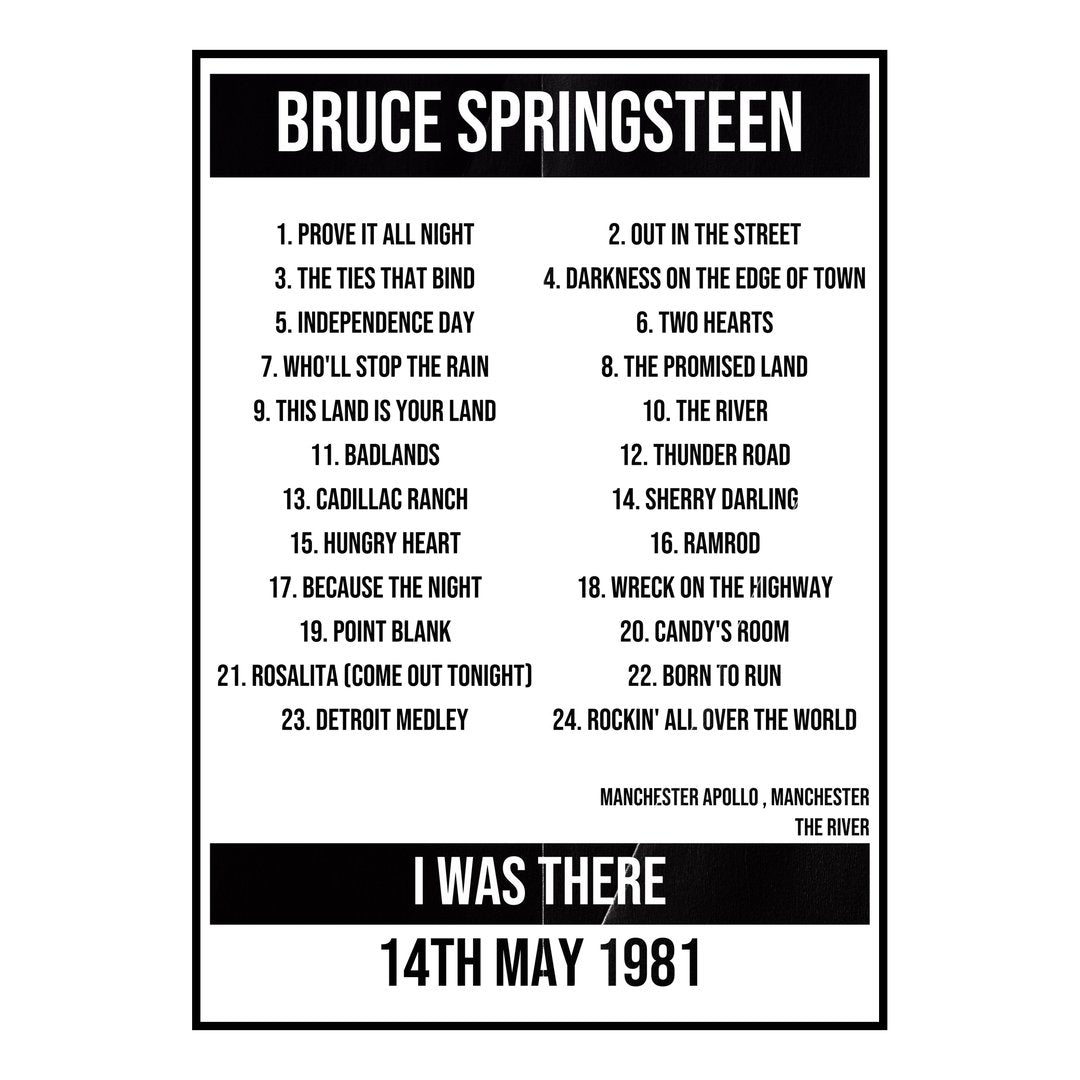 Bruce Springsteen Manchester 14th May 1981 Setlist poster