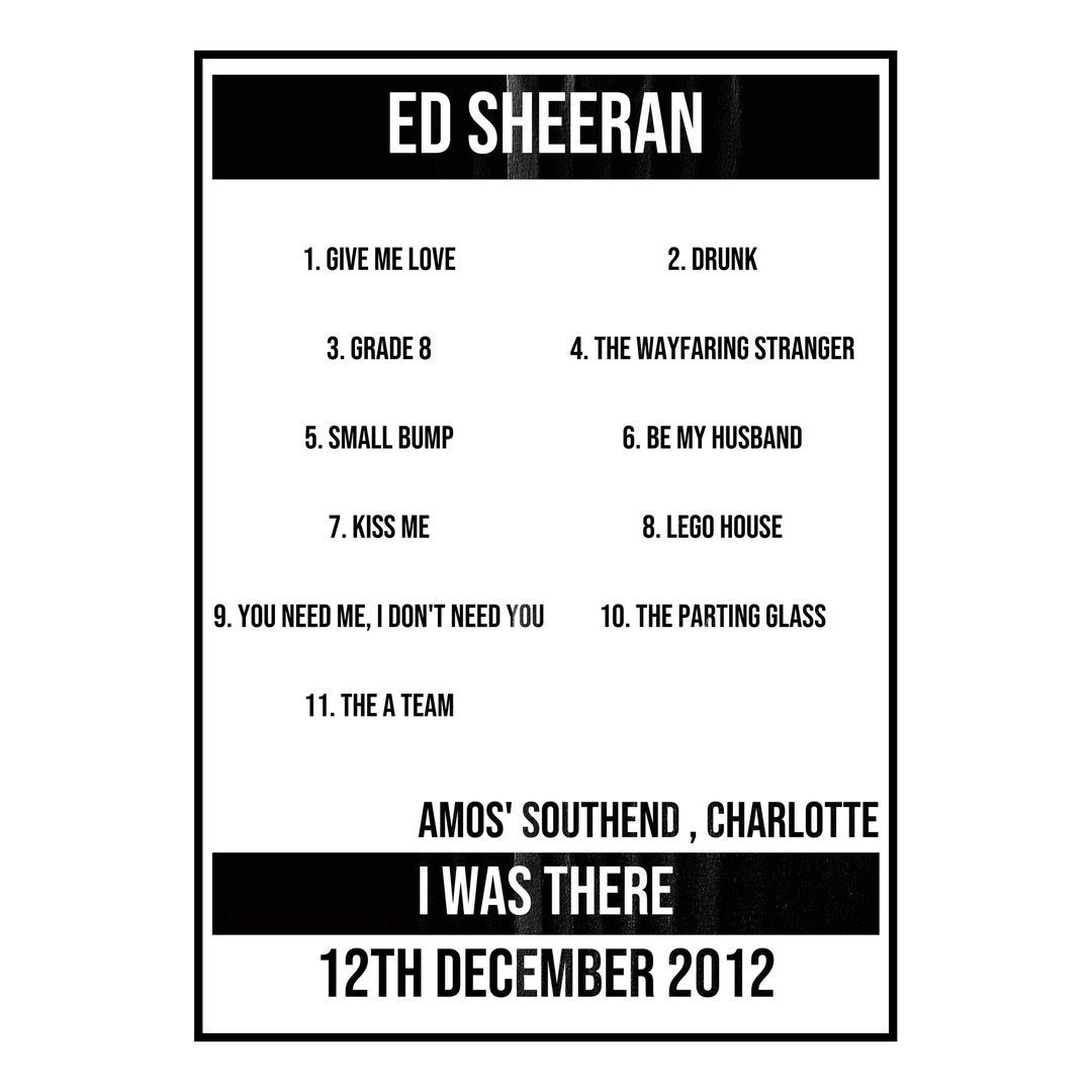 Ed Sheeran Charlotte 12th December 2012 Setlist poster
