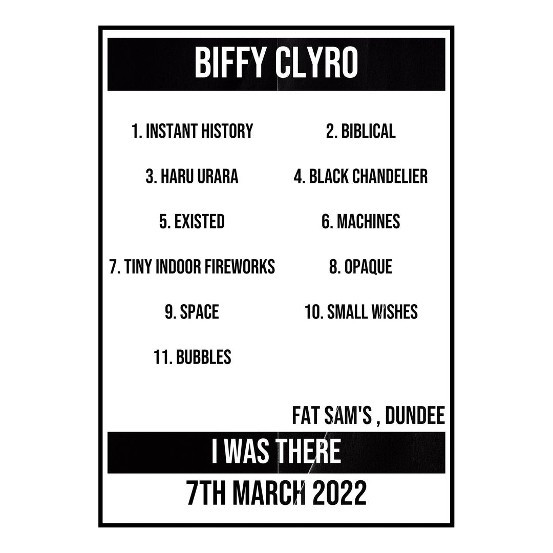 Biffy Clyro Dundee 7th March 2022 Setlist poster