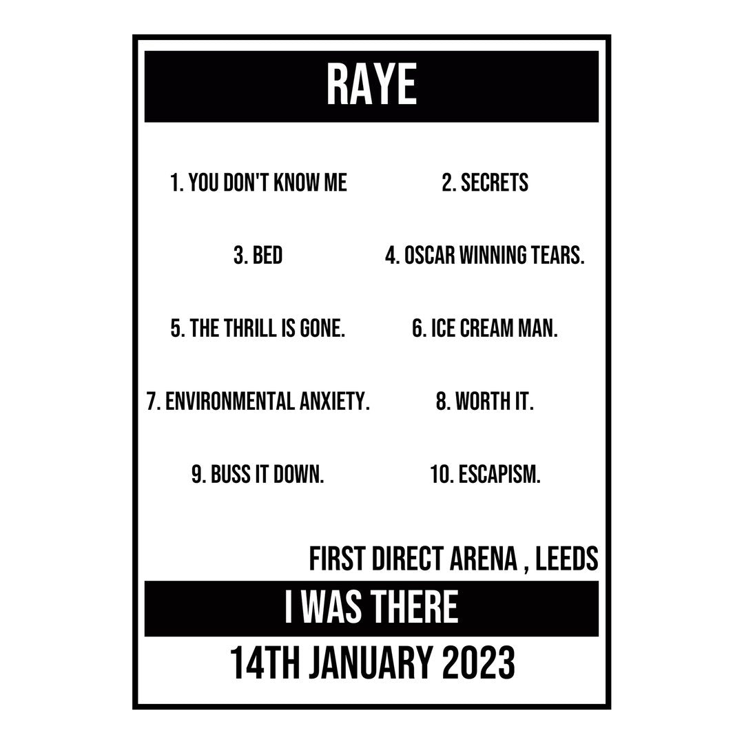 A Setlist Poster Featuring RAYE Gig from Leeds in 2023
