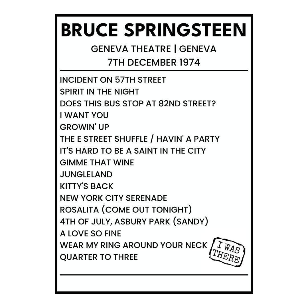 Bruce Springsteen Geneva 7th December 1974 Setlist poster