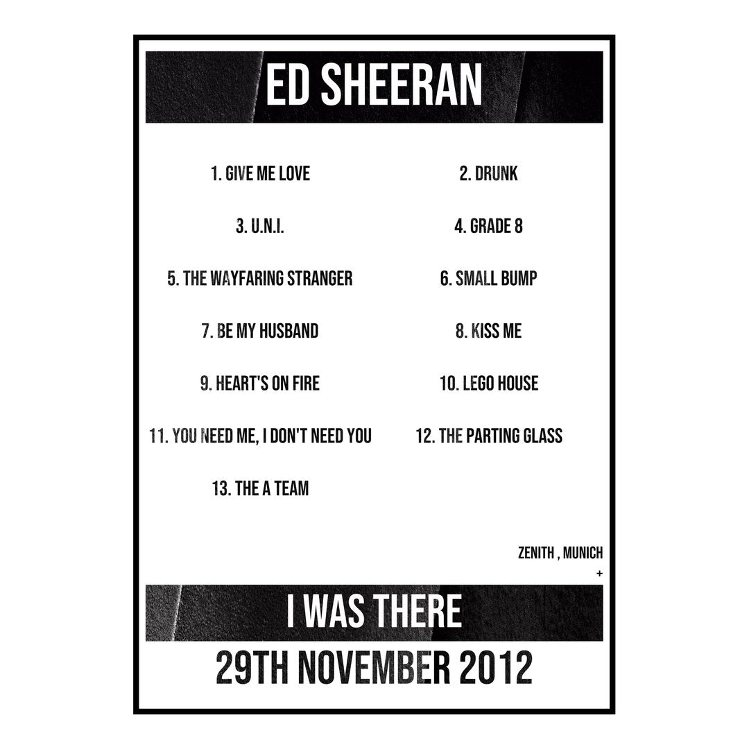 Ed Sheeran Munich 29th November 2012 Setlist poster