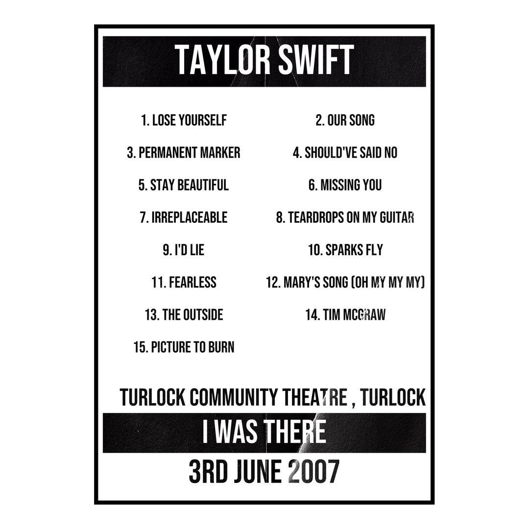 Taylor Swift Turlock 3rd June 2007 Setlist poster
