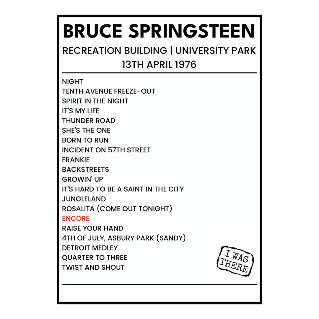 Bruce Springsteen University Park 13th April 1976 Setlist poster