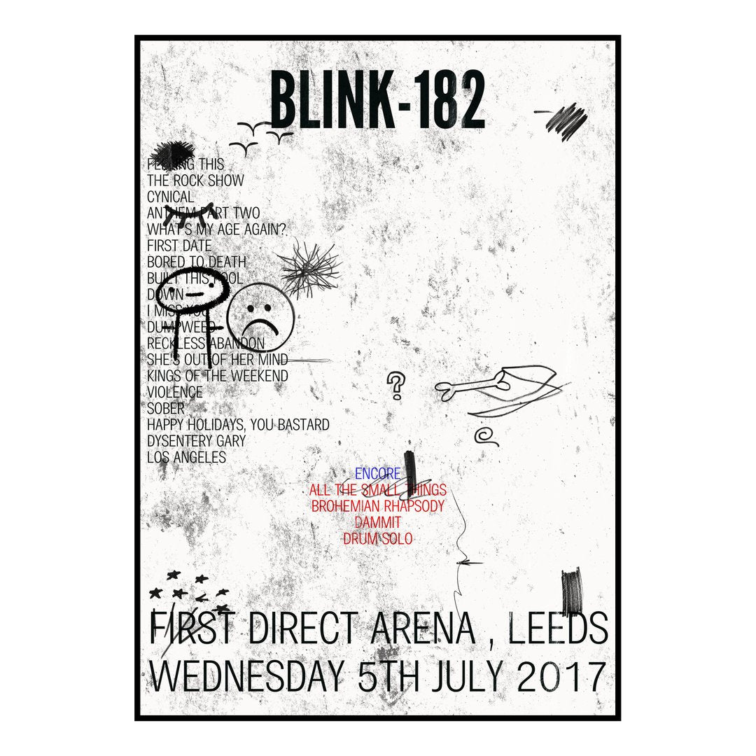 blink‐182 Leeds 5th July 2017 Setlist poster