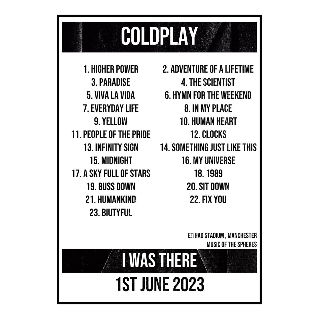 Coldplay Manchester 1st June 2023 Setlist poster