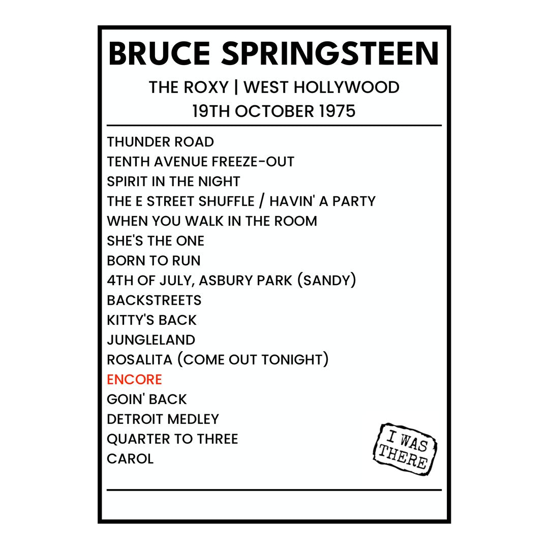Bruce Springsteen West Hollywood 19th October 1975 Setlist poster