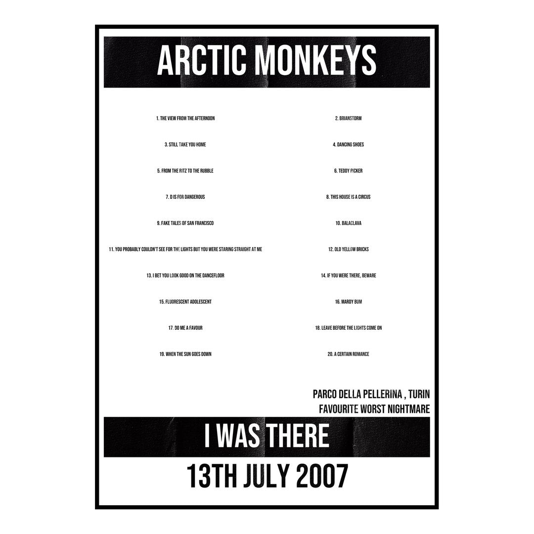 Arctic Monkeys Turin 13th July 2007 Setlist poster