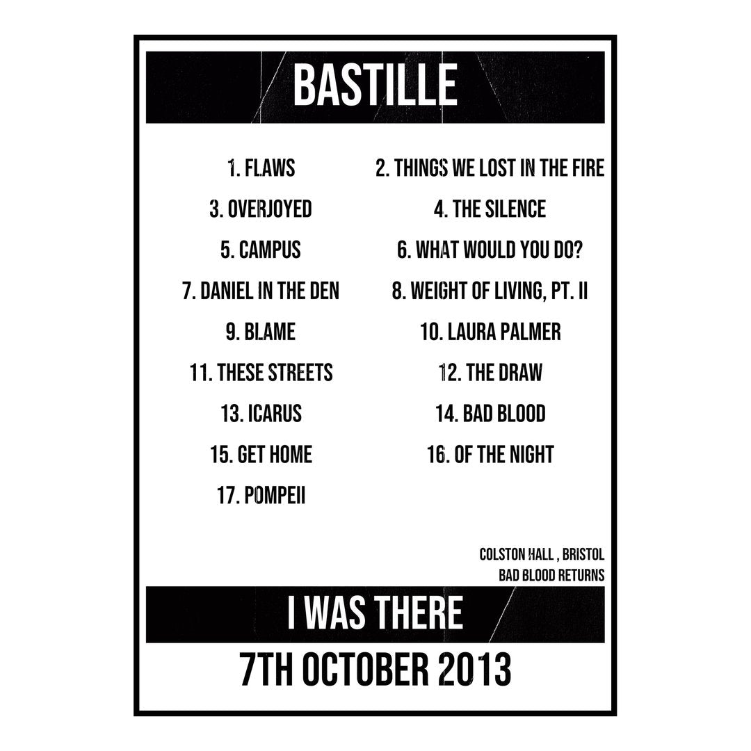 Bastille Bristol 7th October 2013 Setlist poster