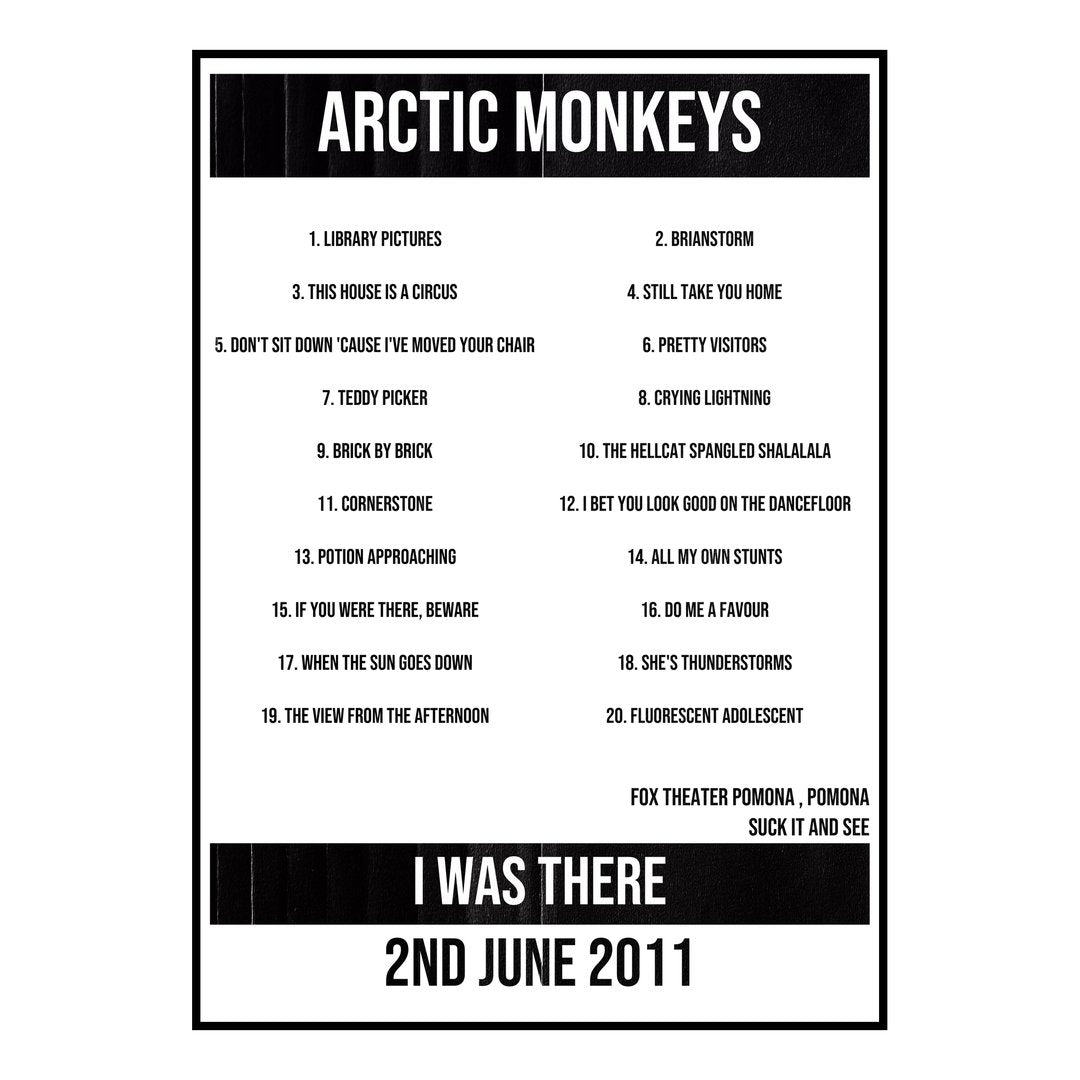 Arctic Monkeys Pomona 2nd June 2011 Setlist poster