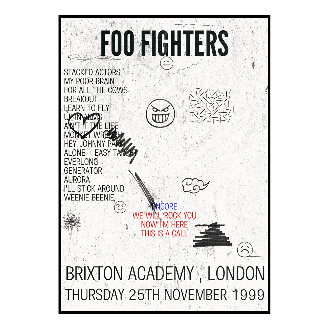 Foo Fighters London 25th November 1999 Setlist poster