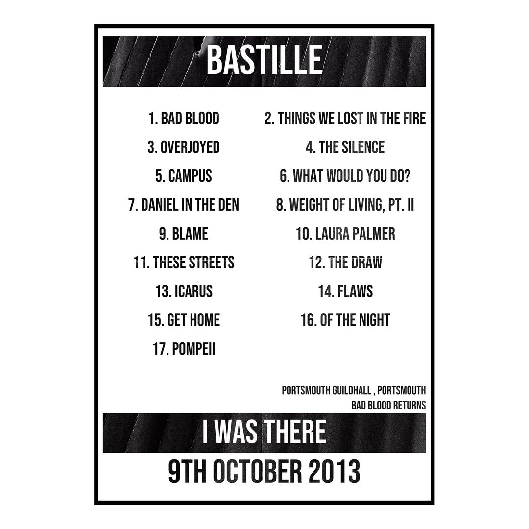 Bastille Portsmouth 9th October 2013 Setlist poster