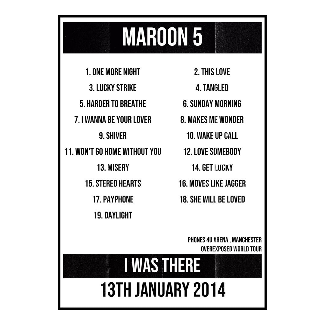 Maroon 5 Manchester 13th January 2014 Setlist poster