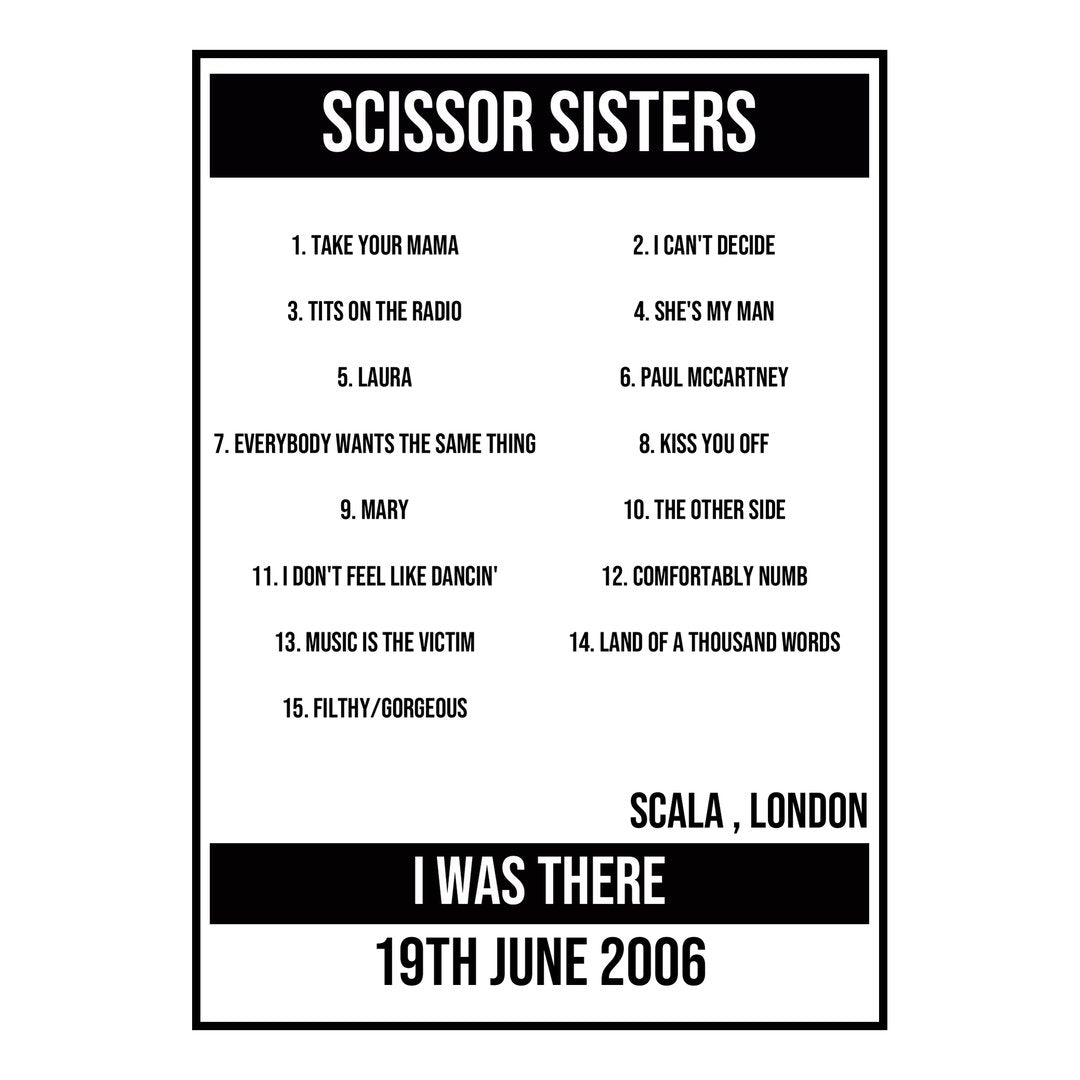 A Setlist Poster Featuring Scissor Sisters Gig from London in 2006