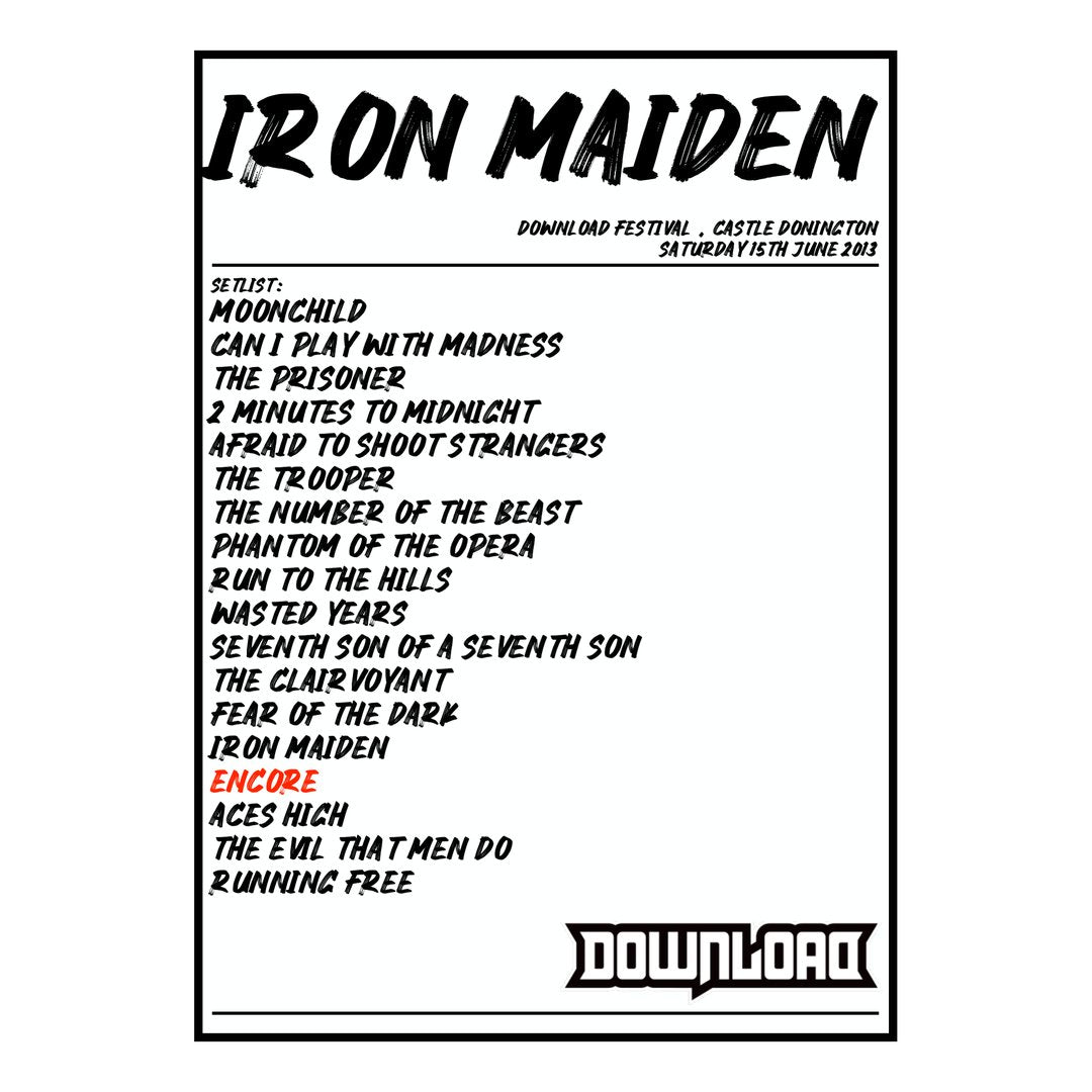 Iron Maiden Castle Donington 15th June 2013 Setlist poster