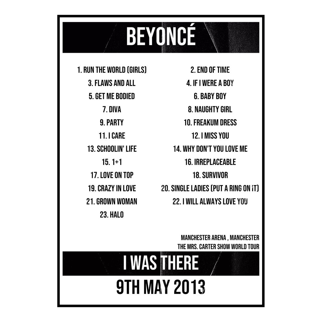 Beyoncé Manchester 9th May 2013 Setlist poster