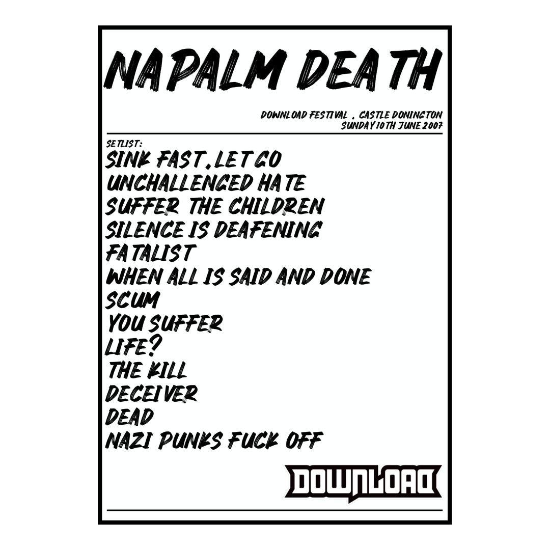 Napalm Death Castle Donington 10th June 2007 Setlist poster