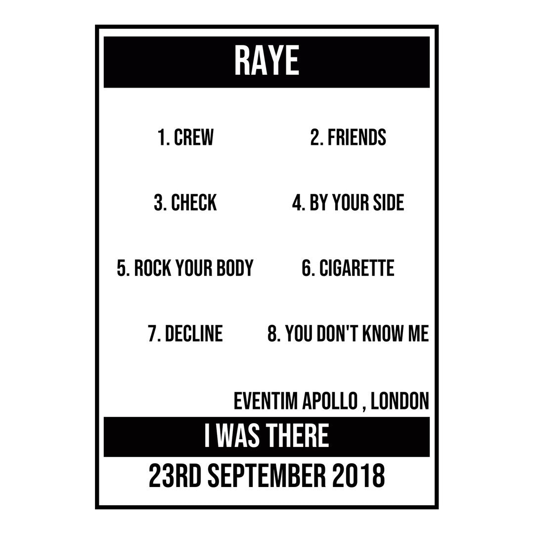 A Setlist Poster Featuring RAYE Gig from London in 2018