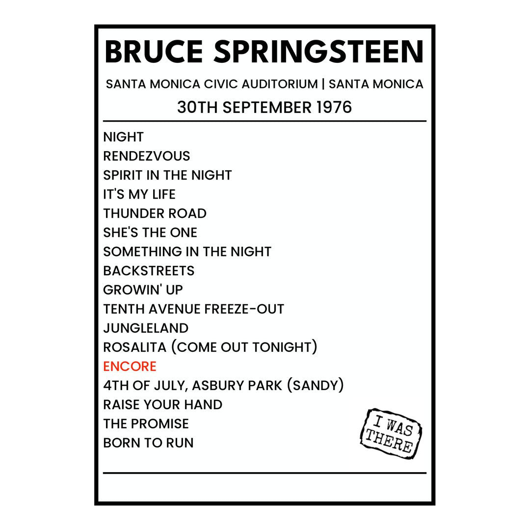 Bruce Springsteen Santa Monica 30th September 1976 Setlist poster