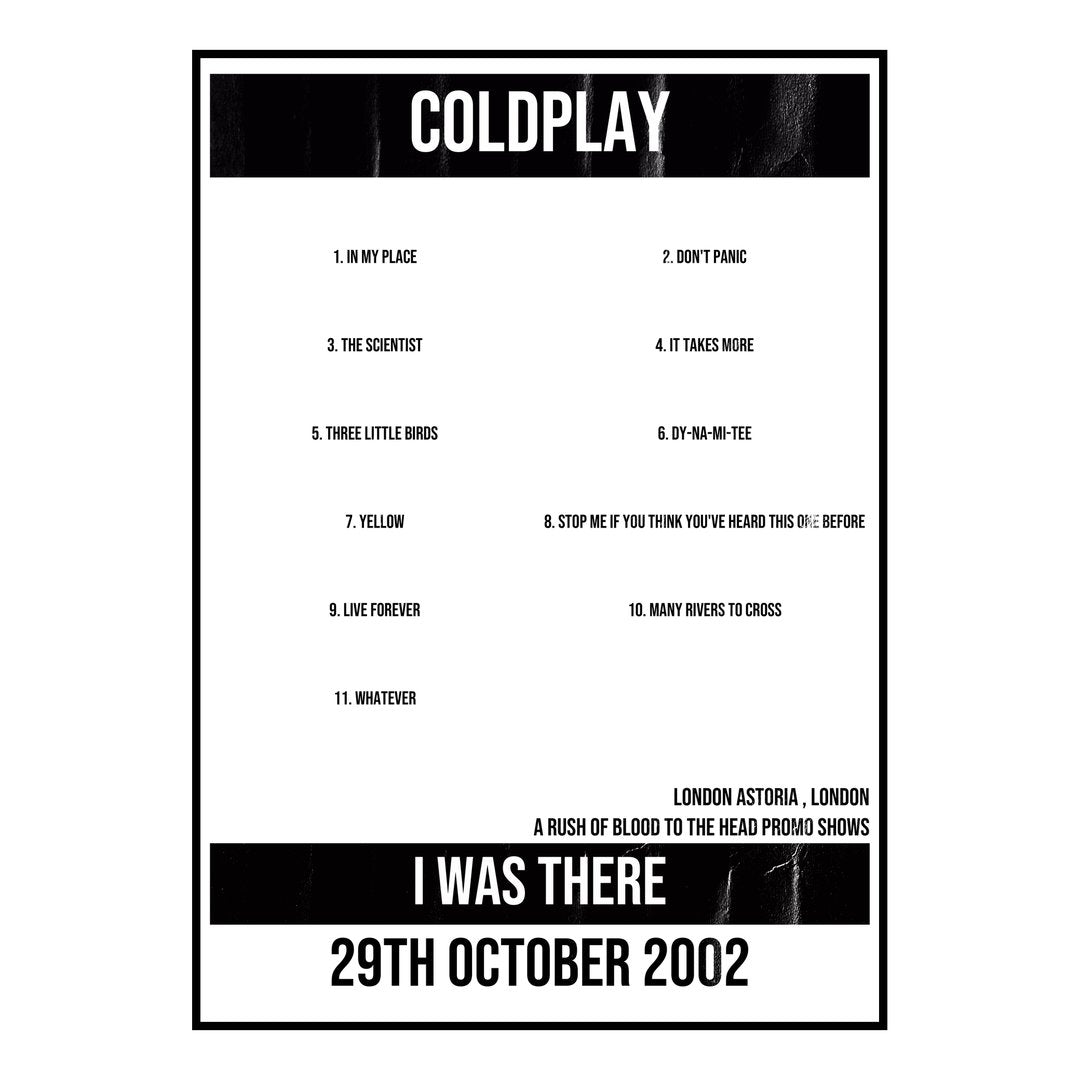 Coldplay London 29th October 2002 Setlist poster