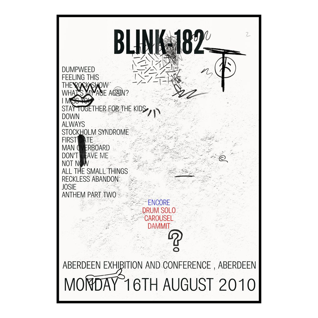 blink‐182 Aberdeen 16th August 2010 Setlist poster