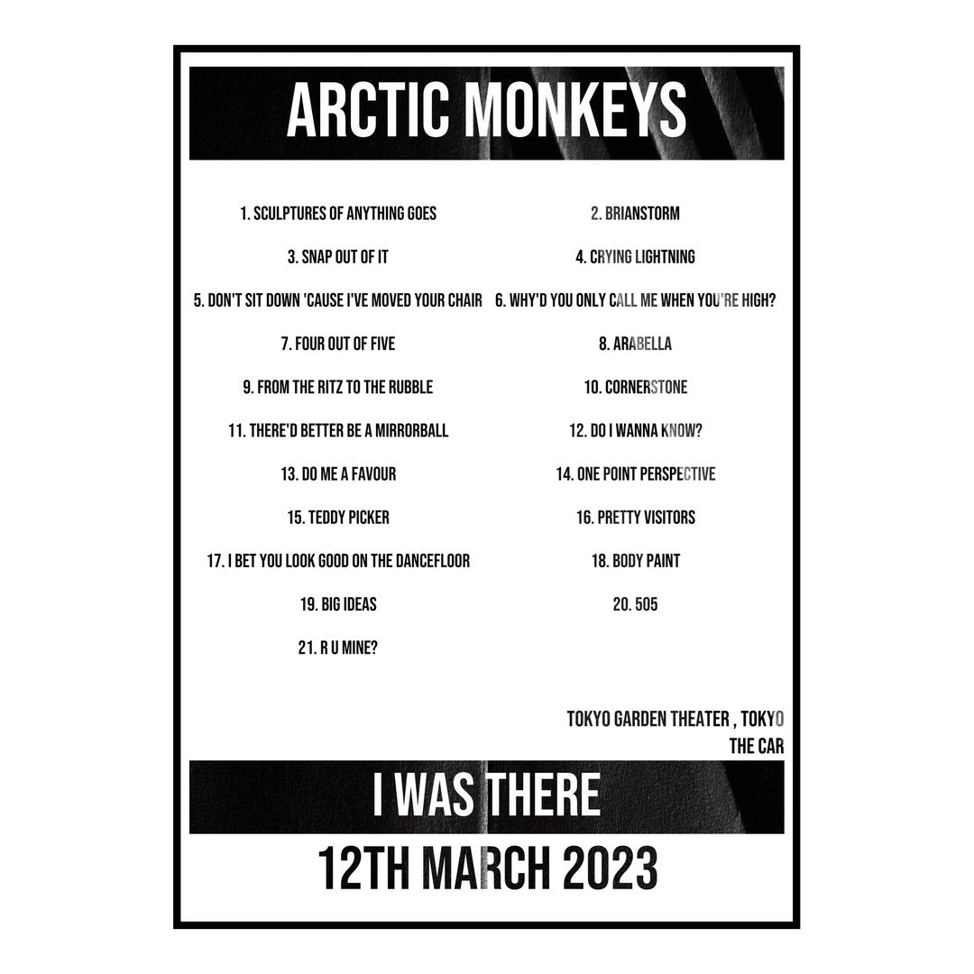 Arctic Monkeys Tokyo 12th March 2023 Setlist poster
