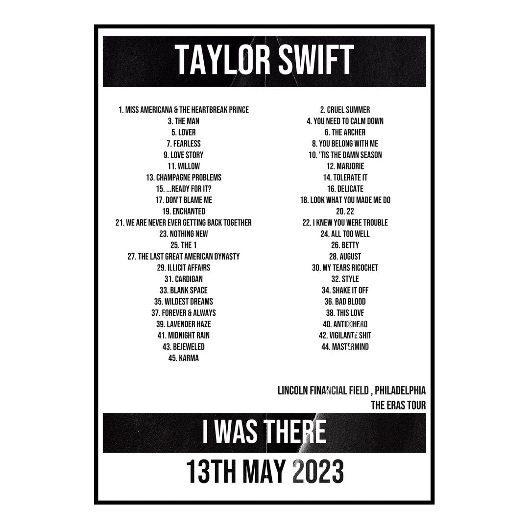 Taylor Swift Philadelphia 13th May 2023 Setlist poster
