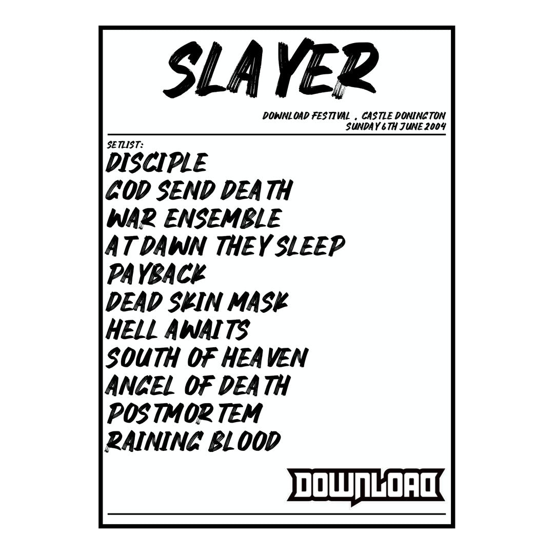 Slayer Castle Donington 6th June 2004 Setlist poster